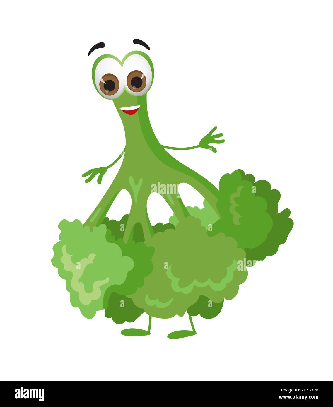 Broccoli divertente con occhi su sfondo bianco. Cartoon divertente verdure caratteri flat vettore illustrazione Illustrazione Vettoriale