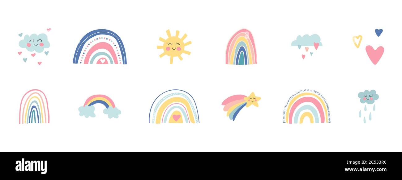 Arcobaleni disegnati a mano, sole, nubi divertenti, stelle, cuori su sfondo bianco. Doccia per bambini. Carino bambini asilo set. Bellissimi arcobaleni cartoni animati. Vettore Illustrazione Vettoriale