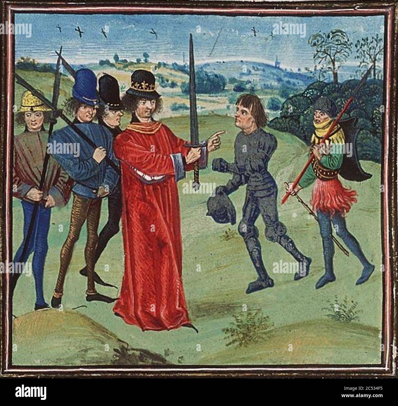 Istituzione di Baldwin i Bras de Fer il primo conte delle Fiandre da Carlo il Bald. Foto Stock