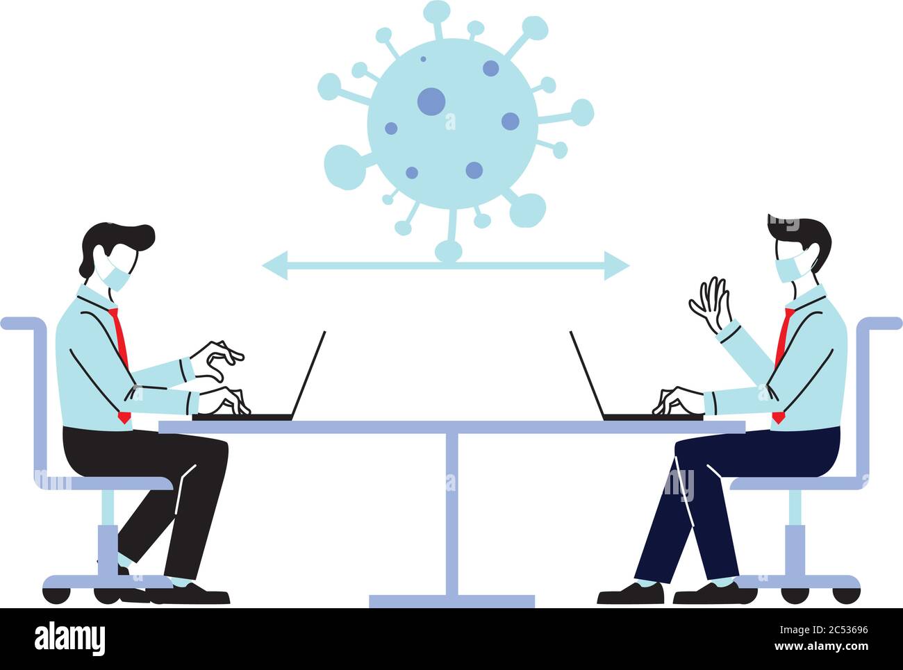 Social distancing tra gli uomini con maschere e laptop su desktop design di Covid 19 virus tema illustrazione vettoriale Illustrazione Vettoriale