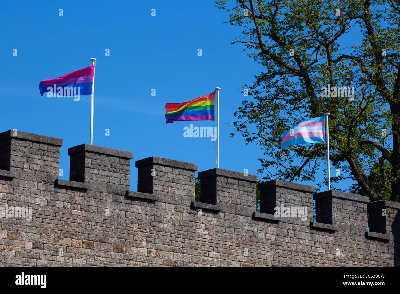 Bandiere LGBTQi che volano sulle pareti del Castello di Cardiff durante Pride Cymru nel 2019 (Pride Wales). Foto Stock