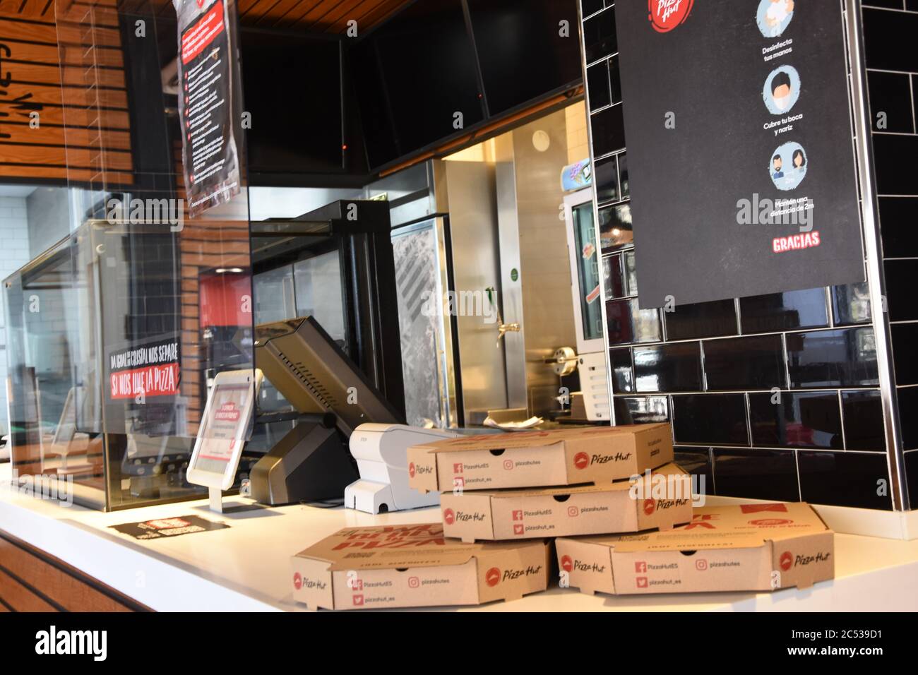 Scatole da asporto per pizza Hut Foto Stock