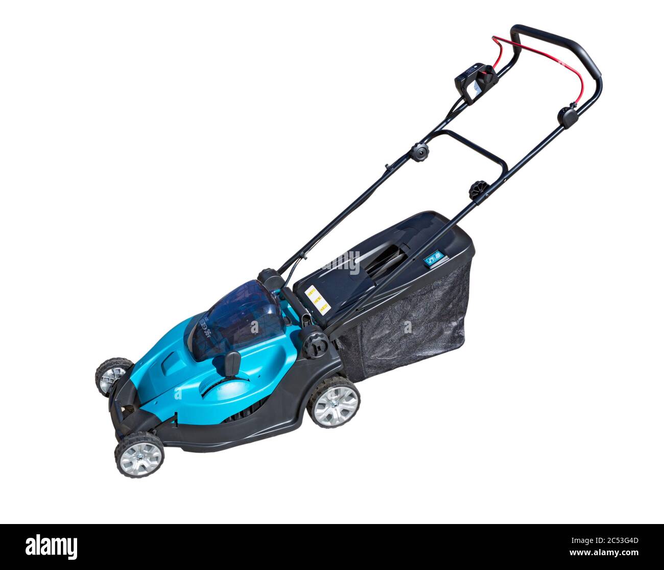 Rasaerba isolato su sfondo bianco. Falciatrice, attrezzatura per la cura del giardiniere. Macchina elettrica per il taglio di prati. Foto Stock