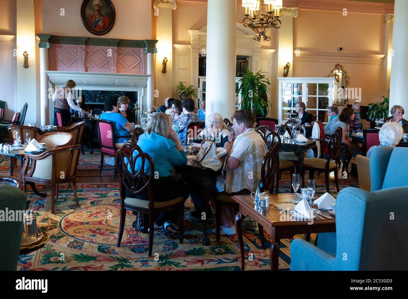 Interno della sala da tè in stile inglese dell'hotel Fairmont Empress a Victoria, Vancouver Island, Canada Foto Stock