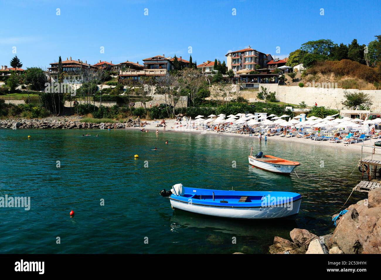 Spiaggia a Nessebar, Mar Nero, Bulgaria, Europa Foto Stock