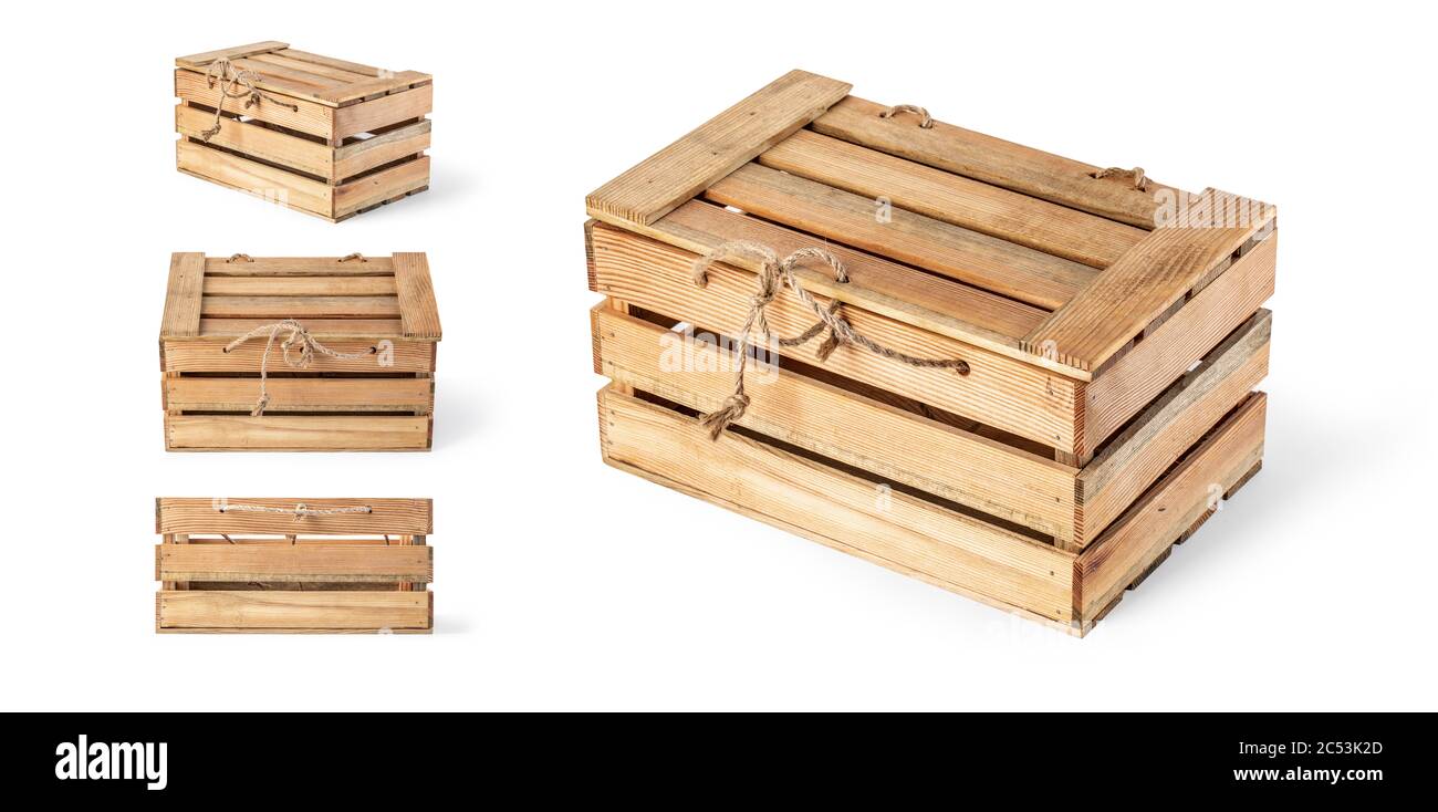 Cassa di legno su sfondo bianco isolata Foto Stock