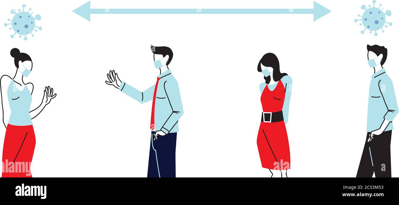 Distanza sociale tra donne e uomini con maschere di disegno di Covid 19 virus tema illustrazione vettoriale Illustrazione Vettoriale