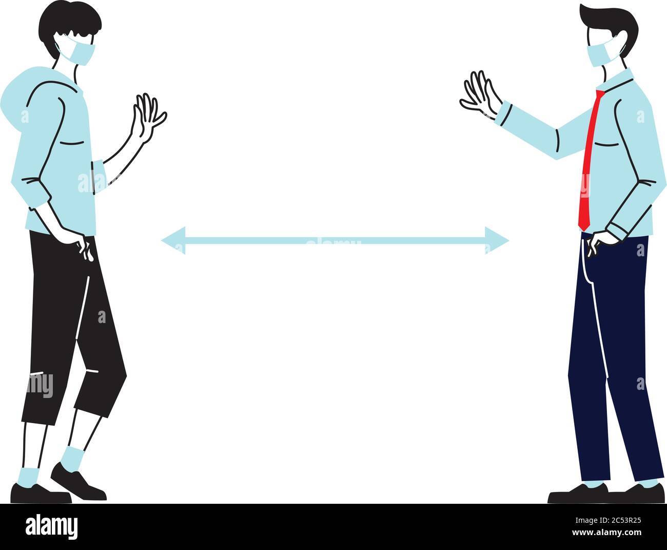 Social distancing tra gli uomini con maschere di disegno di Covid 19 virus tema illustrazione vettoriale Illustrazione Vettoriale