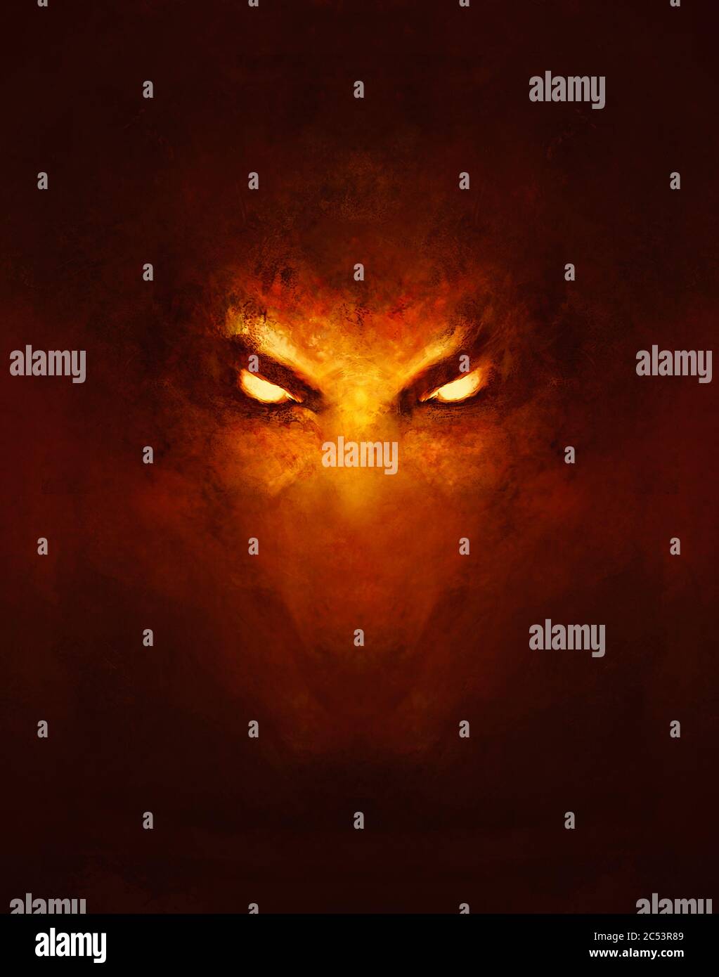 il volto di un demone con occhi luminosi, al buio - un dipinto Foto Stock