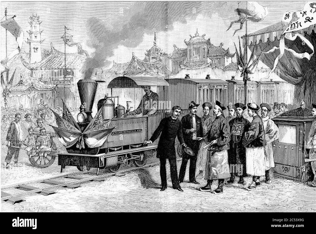 Inauguration du chemin de fer Decauville de Tien-Tsin à Tishing-Yang le 20 novembre 1886 illustrazione tirée de l‥99ouvrage de Roger Bailly Decauville ce nom qui fit le tour du monde 1999. Foto Stock