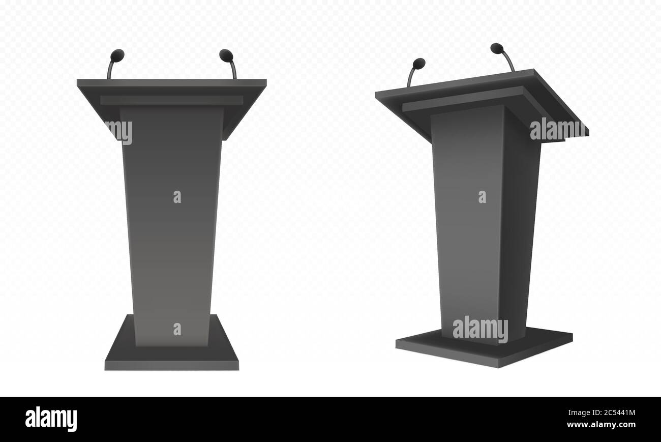 Pulpito nero, podio o tribune vista laterale anteriore. Stativo a rostro con microfono per dibattiti in conferenza, trofeo isolato su trasparente. Presentazione aziendale discorso piedistallo vettore realistico mock up Illustrazione Vettoriale
