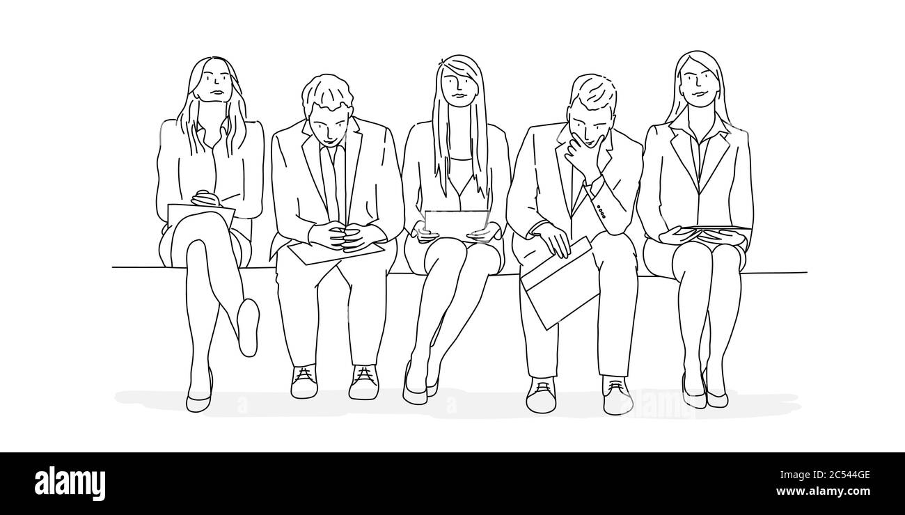 Gruppo di persone in attesa. Illustrazione vettoriale del disegno di linee. Illustrazione Vettoriale