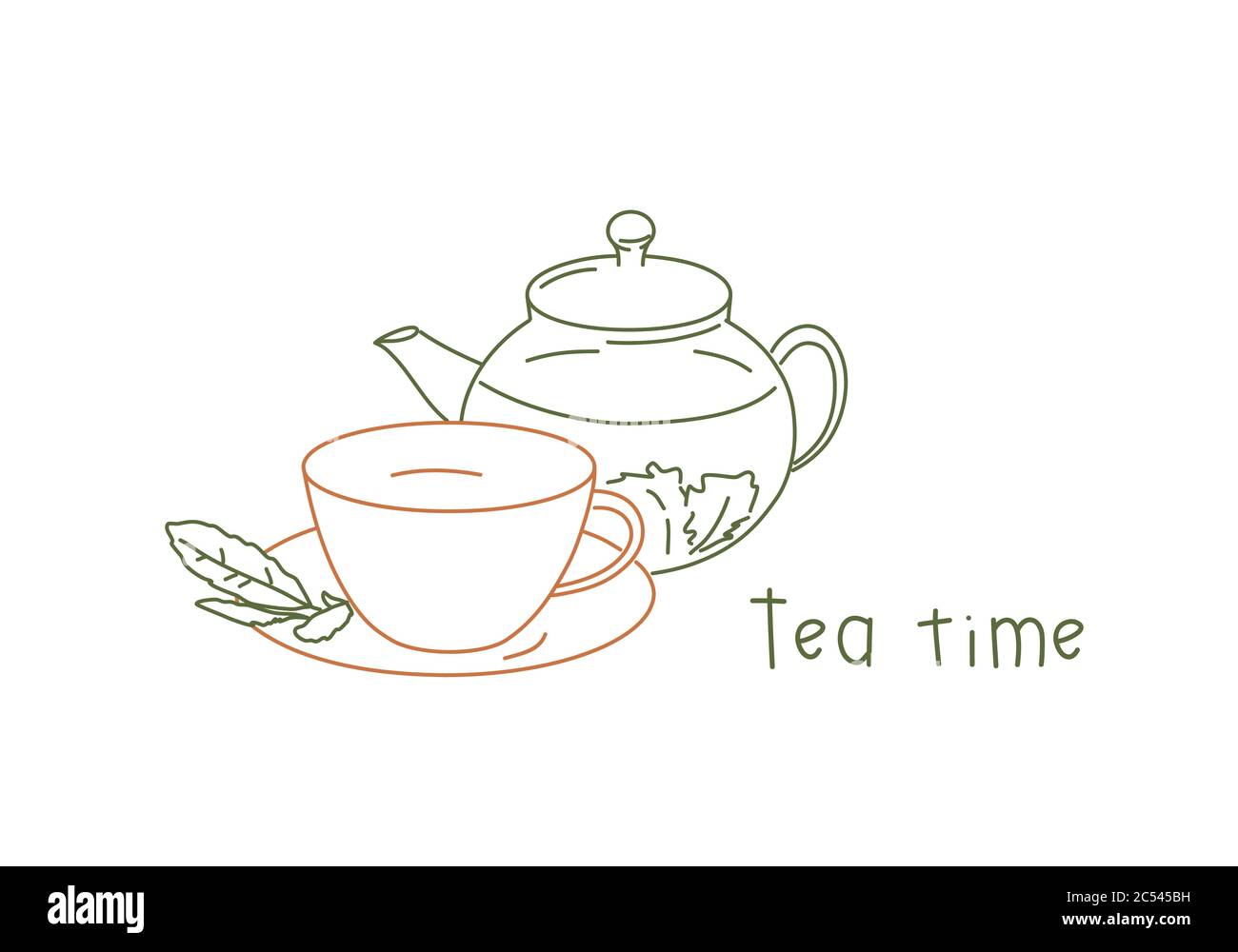 Disegno a linee illustrazione vettoriale di tazza e piattino con teiera.  Scheda tempo tè Immagine e Vettoriale - Alamy