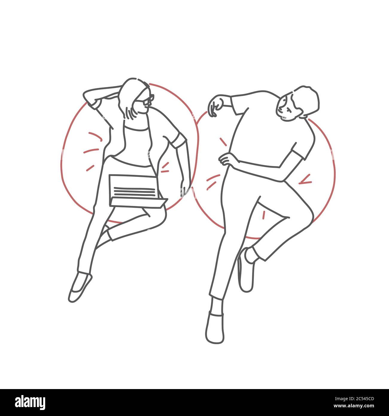 Due colleghi, giovane uomo e donna seduti sulle borse e parlando. Illustrazione vettoriale del disegno di linee. Illustrazione Vettoriale