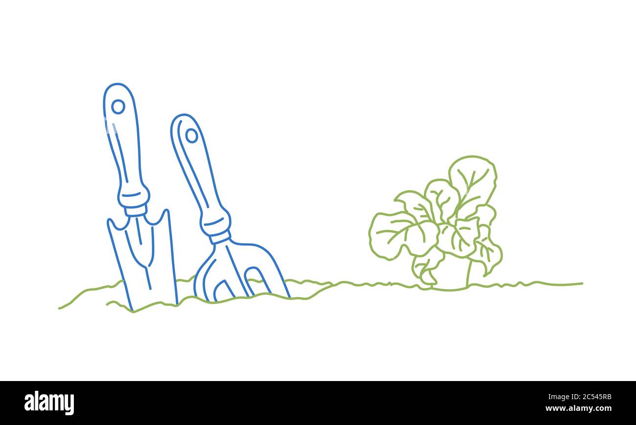 Attrezzi di giardinaggio. Giardinaggio o che pianta concetto. Illustrazione vettoriale del disegno con linea a colori. Illustrazione Vettoriale