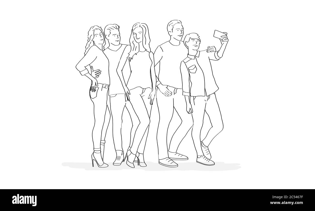 Disegno a linee di persone che fanno foto selfie. Illustrazione vettoriale. Illustrazione Vettoriale