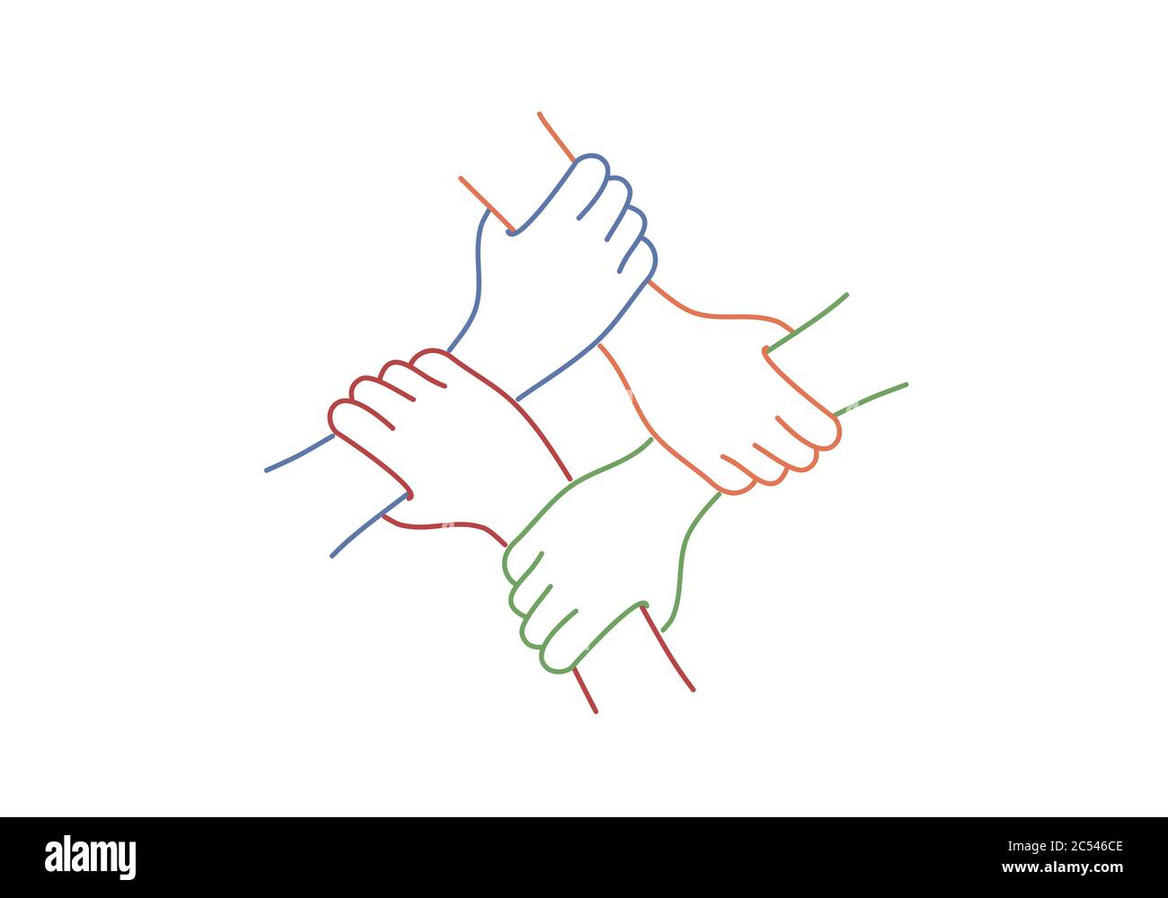 Lavoro di squadra. Quattro mani unite. Illustrazione vettoriale del disegno di linee. Illustrazione Vettoriale