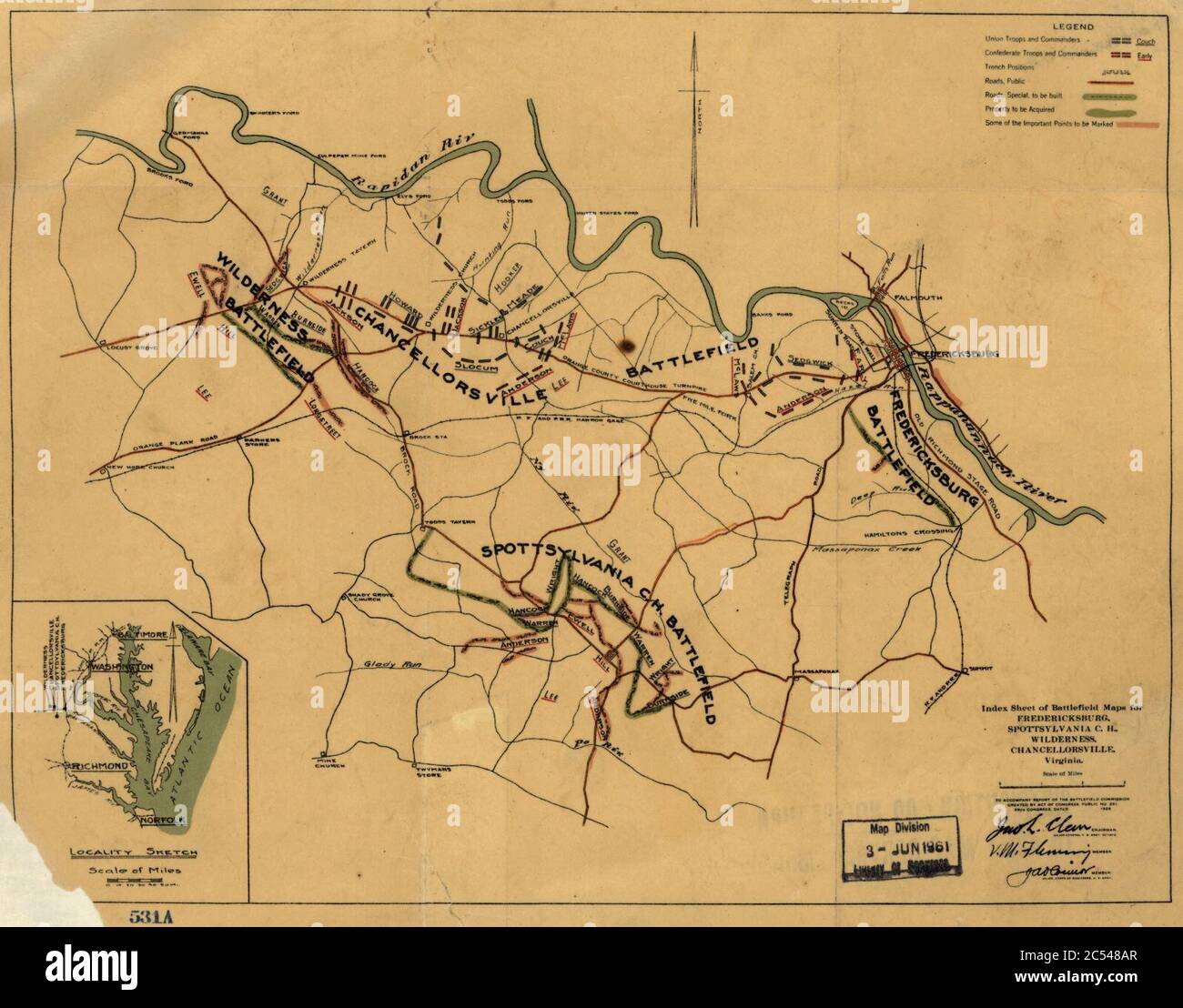 Indice delle mappe dei campi di battaglia per Fredericksburg, Spottsilvania C. H., Wilderness, Chancellorsville, Virginia. (1862-64) per accompagnare il rapporto della Commissione Battlefield creata dall'atto del Congresso Foto Stock