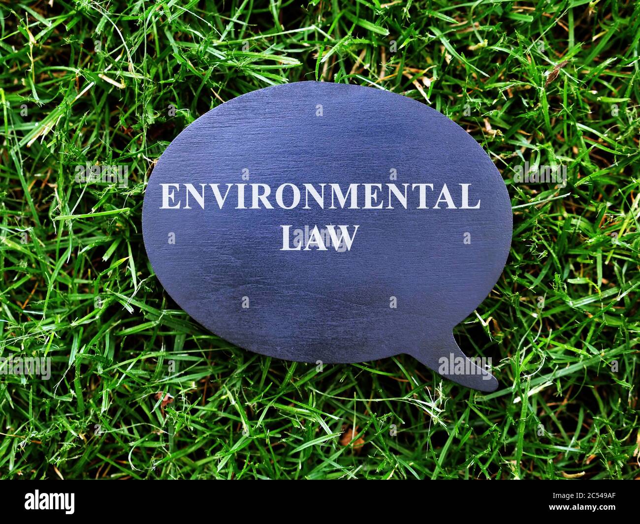Un segno con l'iscrizione sulla legge ambientale sul prato. Foto Stock