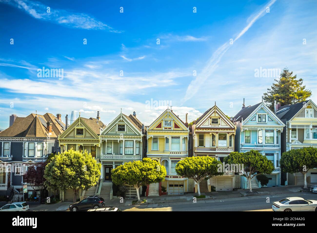 La famosa fila di case vittoriane di San Francisco conosciuta come le Signore dipinte in un sole Primavera Foto Stock