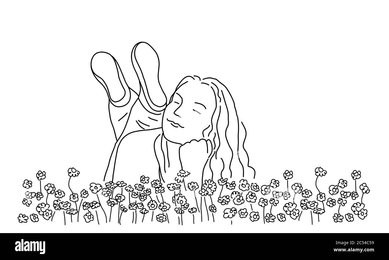 Disegno di linea di ragazza felice che si trova sull'erba nel giardino. Illustrazione vettoriale. Illustrazione Vettoriale