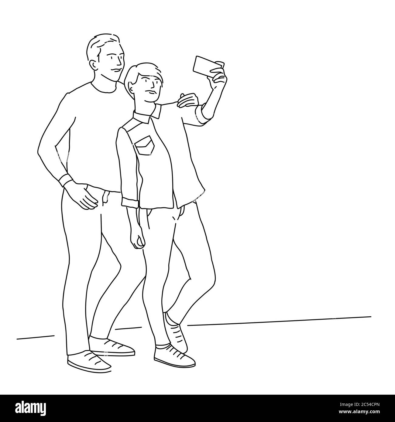 Disegno a linea di coppia che fa foto selfie. Illustrazione vettoriale. Illustrazione Vettoriale