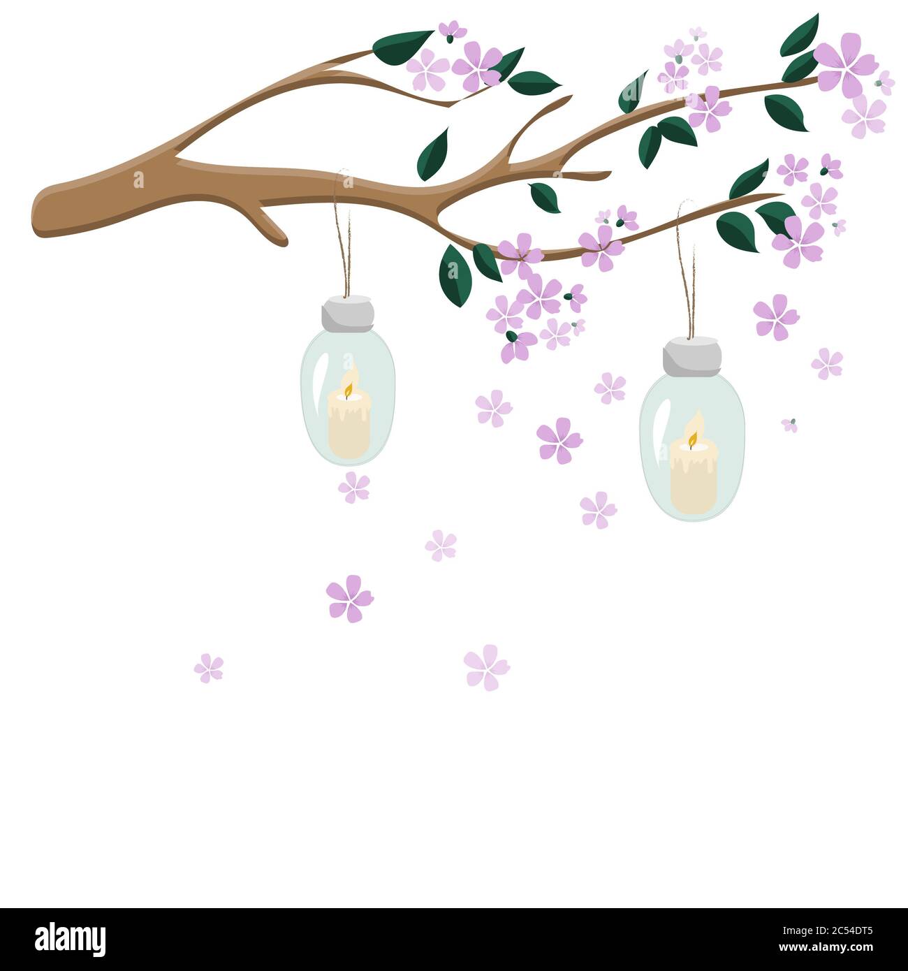 Biglietto d'auguri per la festa della primavera, 8 marzo, Capodanno cinese, sakura con lanterne. Illustrazione vettoriale Foto Stock