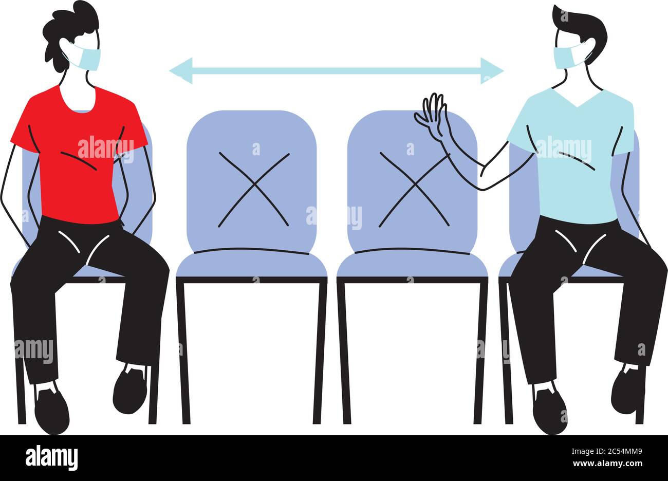 Social distancing tra gli uomini con maschere su sedie disegno di Covid 19 virus tema illustrazione vettoriale Illustrazione Vettoriale