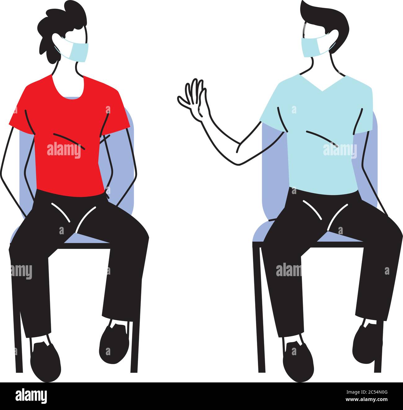 Social distancing tra gli uomini con maschere su sedie disegno di Covid 19 virus tema illustrazione vettoriale Illustrazione Vettoriale