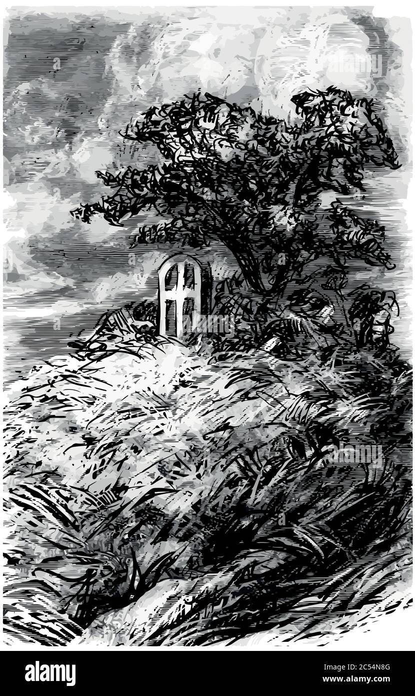 monumento in pietra e albero sulla collina - illustrazione vettoriale in bianco e nero Illustrazione Vettoriale