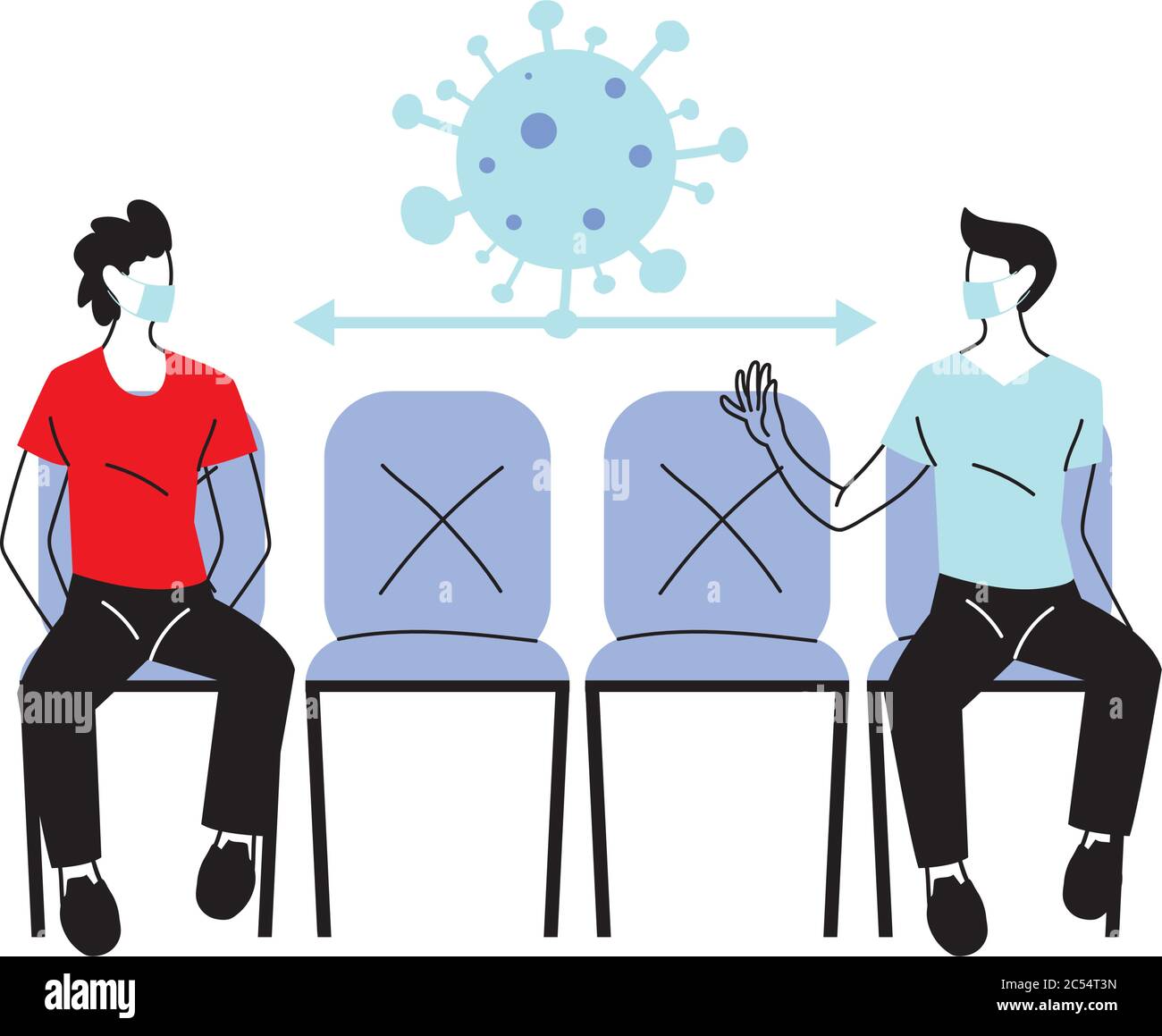 Social distancing tra gli uomini con maschere su sedie disegno di Covid 19 virus tema illustrazione vettoriale Illustrazione Vettoriale