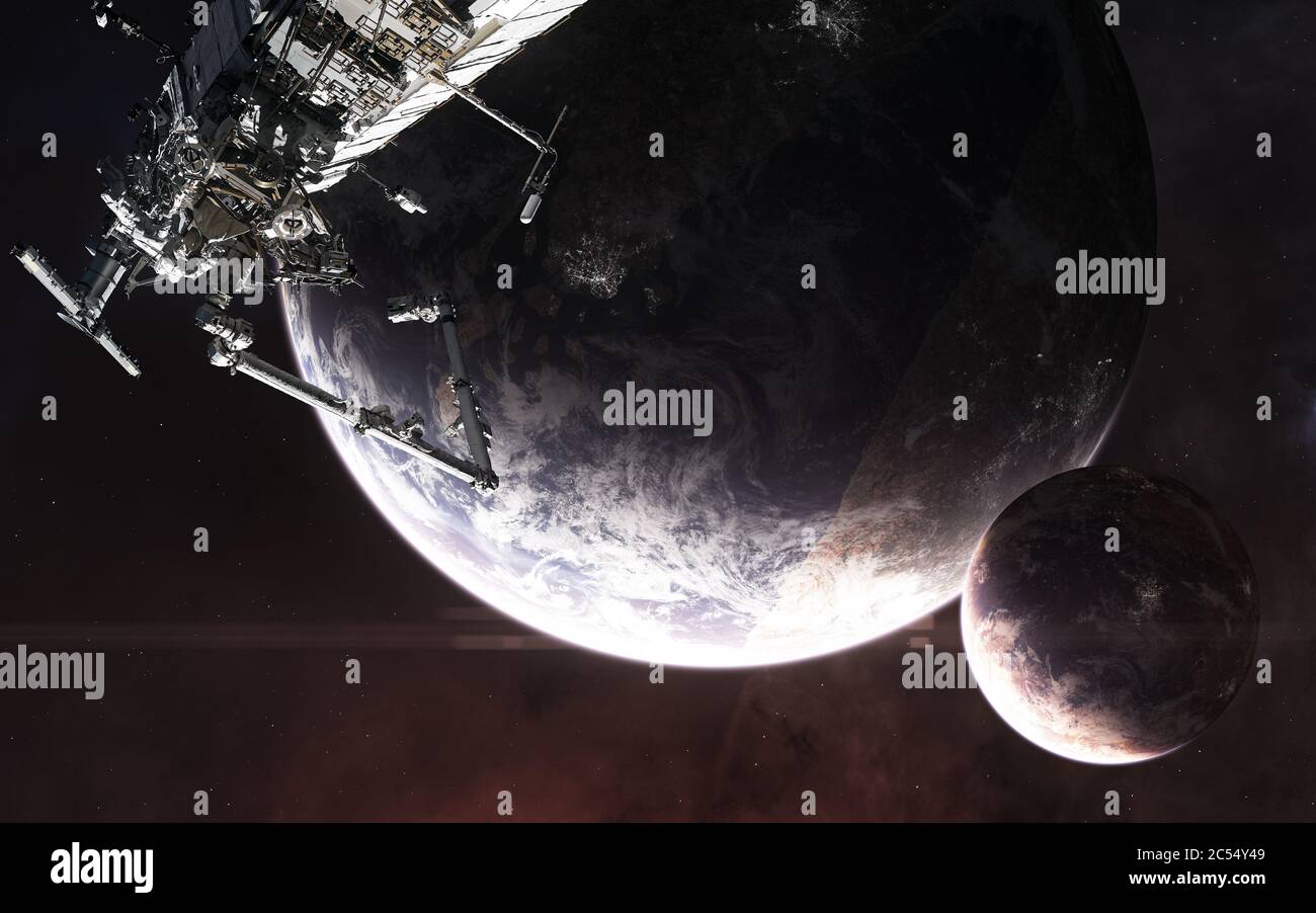 Pianeti abitati in uno spazio profondo. Stazione spaziale Foto Stock
