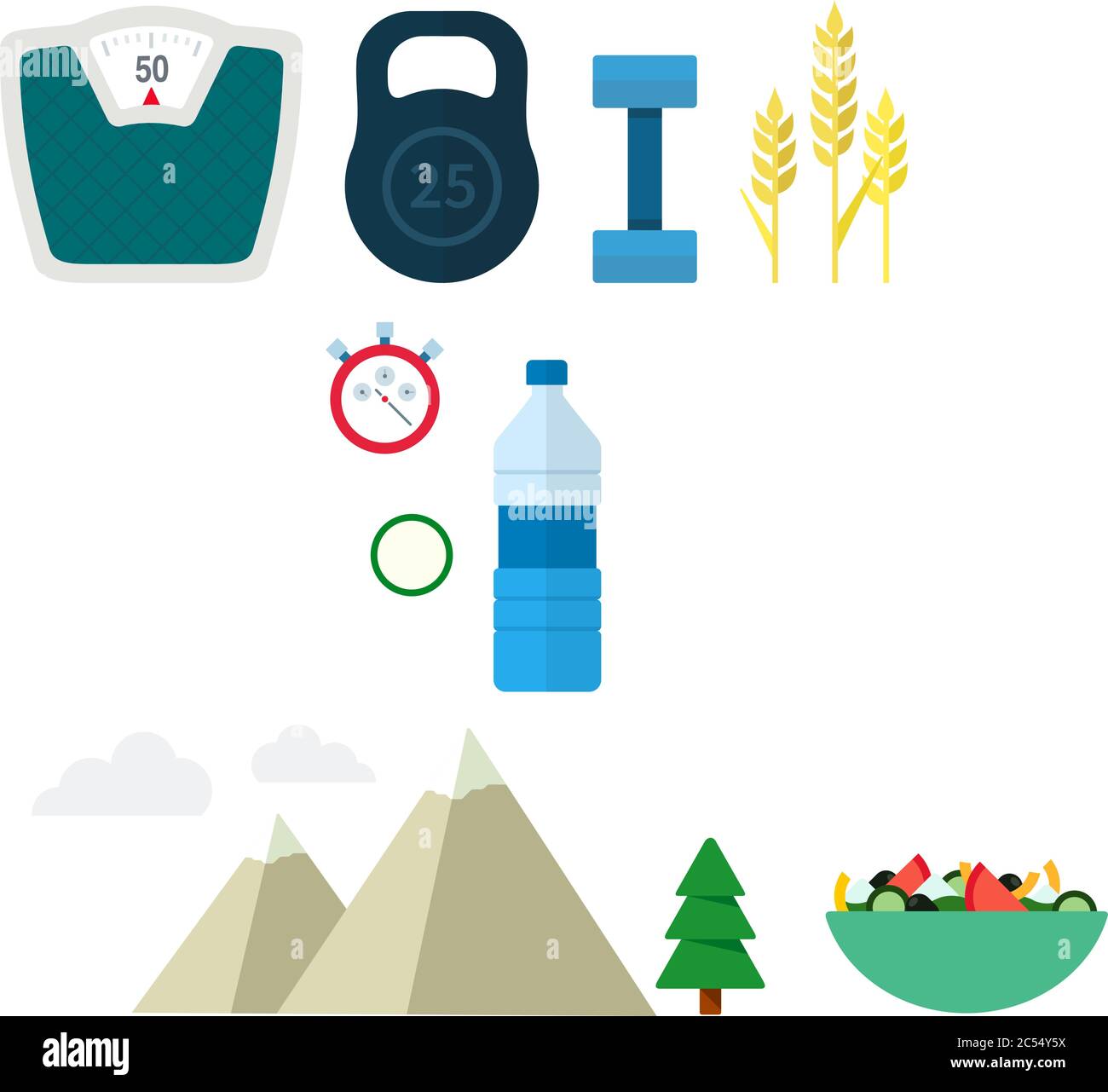 Attrezzature e prodotti per il fitness e uno stile di vita sano, set. Attrezzatura sportiva e cibo dietetico. Illustrazione vettoriale. Illustrazione Vettoriale