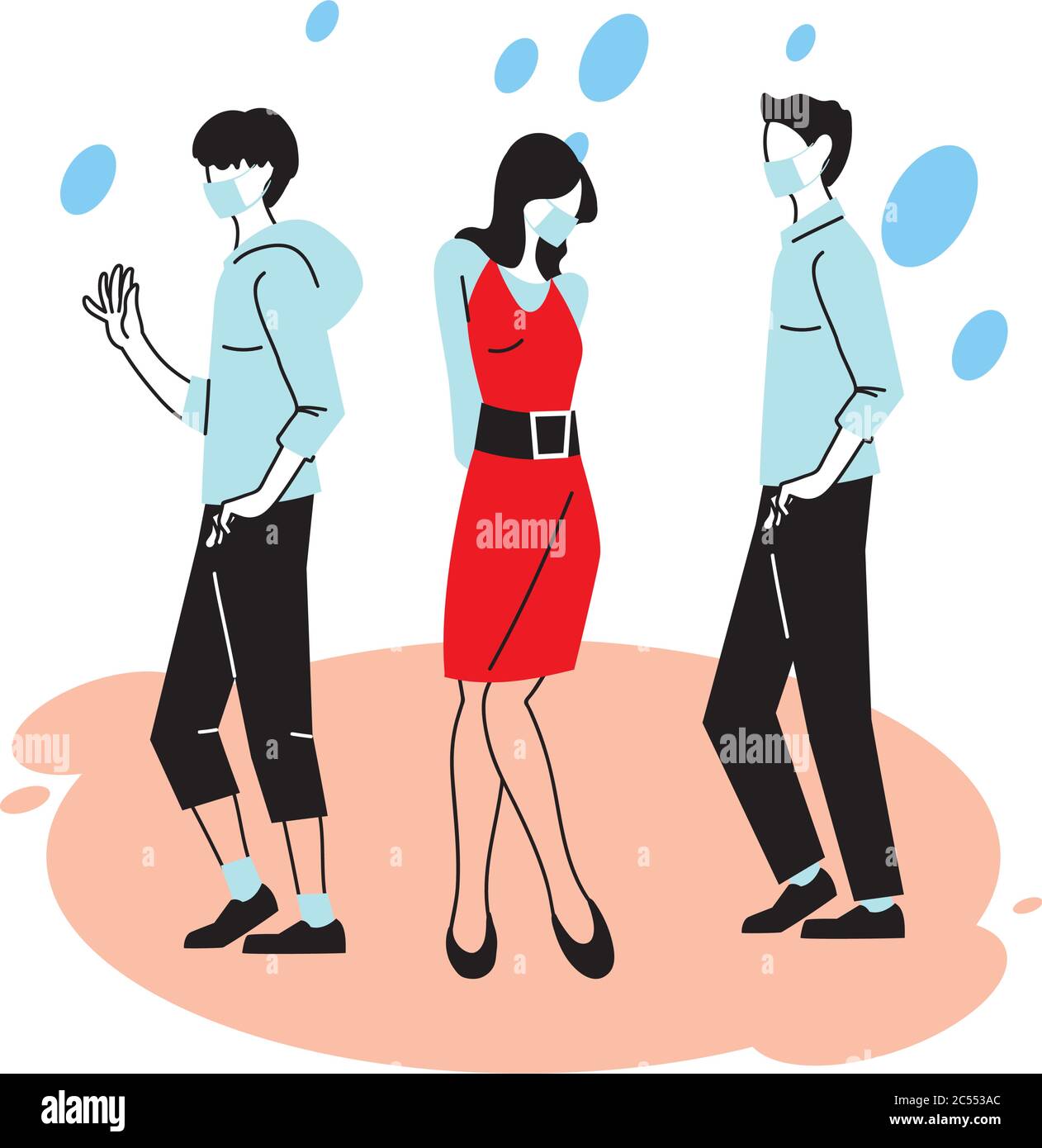 Distanza sociale tra donna e uomini con maschere di disegno di Covid 19 virus tema illustrazione vettoriale Illustrazione Vettoriale