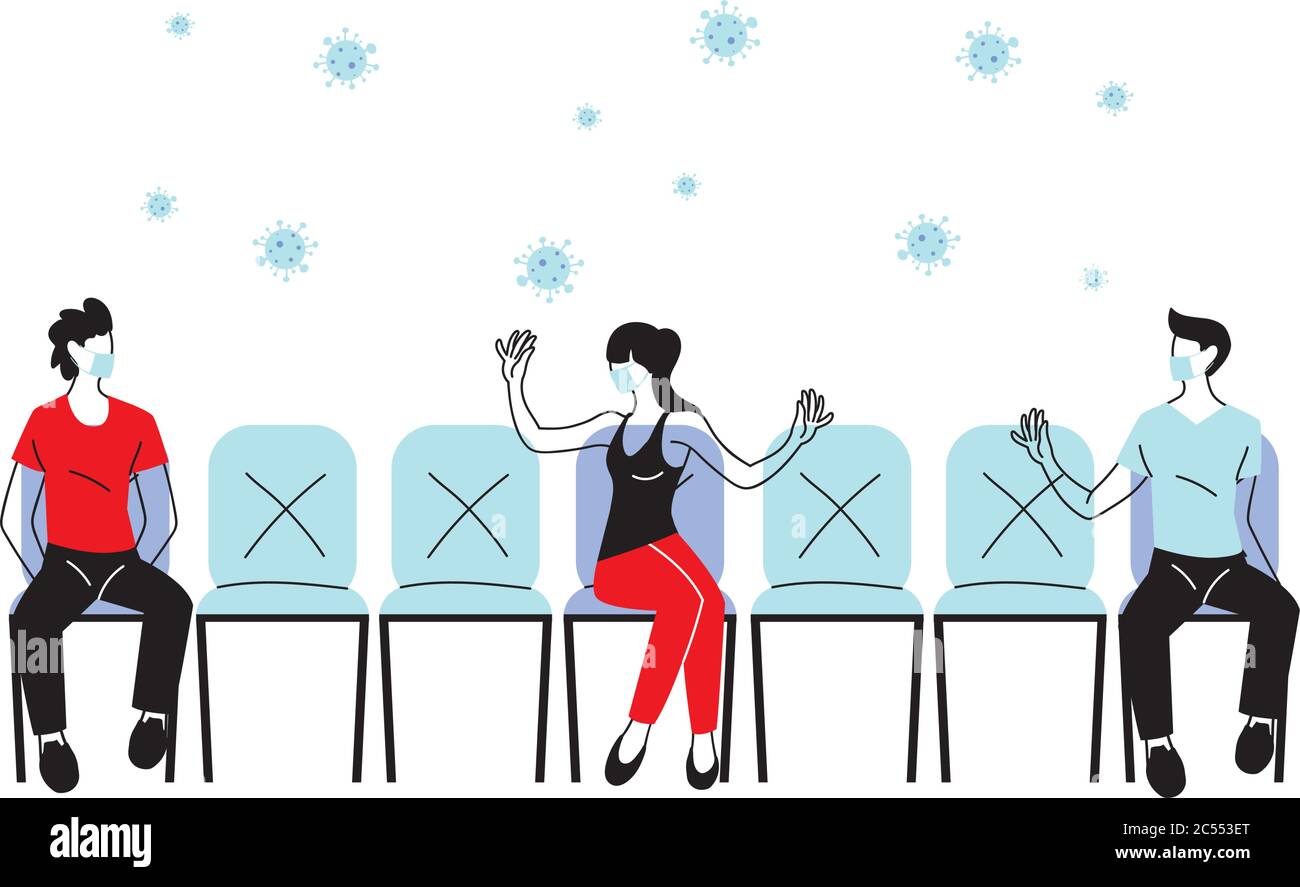 Distanza sociale tra donna e uomini con maschere su sedie disegno di Covid 19 virus tema illustrazione vettoriale Illustrazione Vettoriale