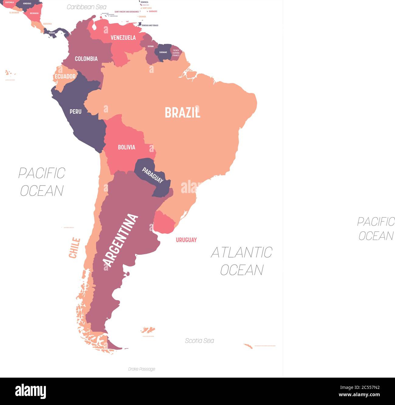 Mappa del Sud America. Mappa politica dettagliata del continente sudamericano con etichettatura dei nomi di paesi, oceani e mari. Illustrazione Vettoriale