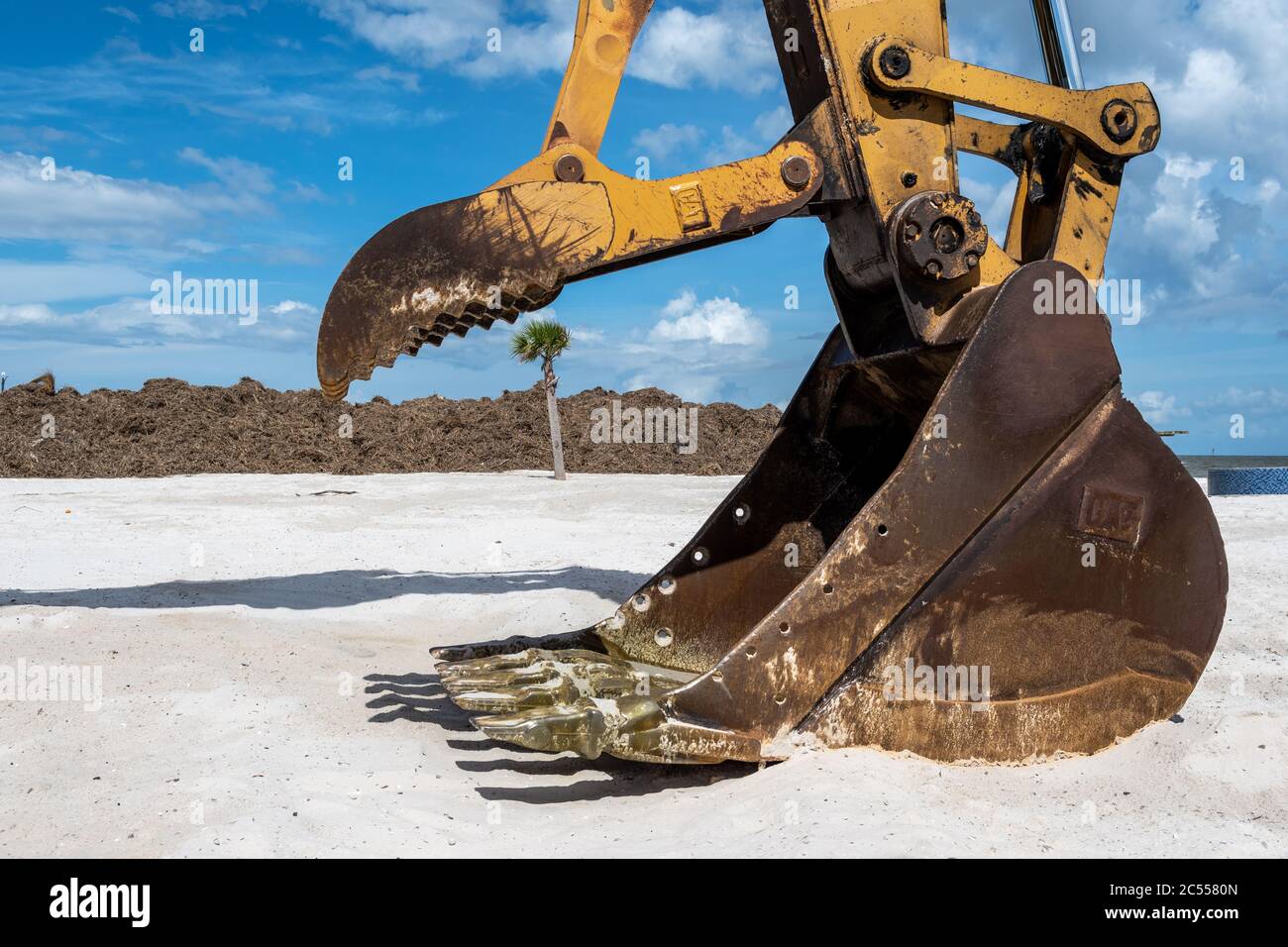 Tempesta tropicale ripulire sulla spiaggia della costa del Golfo del Mississippi dopo la tempesta tropicale Cristobal ha lasciato i detriti di impennata della tempesta il 7 giugno 2020. Foto Stock