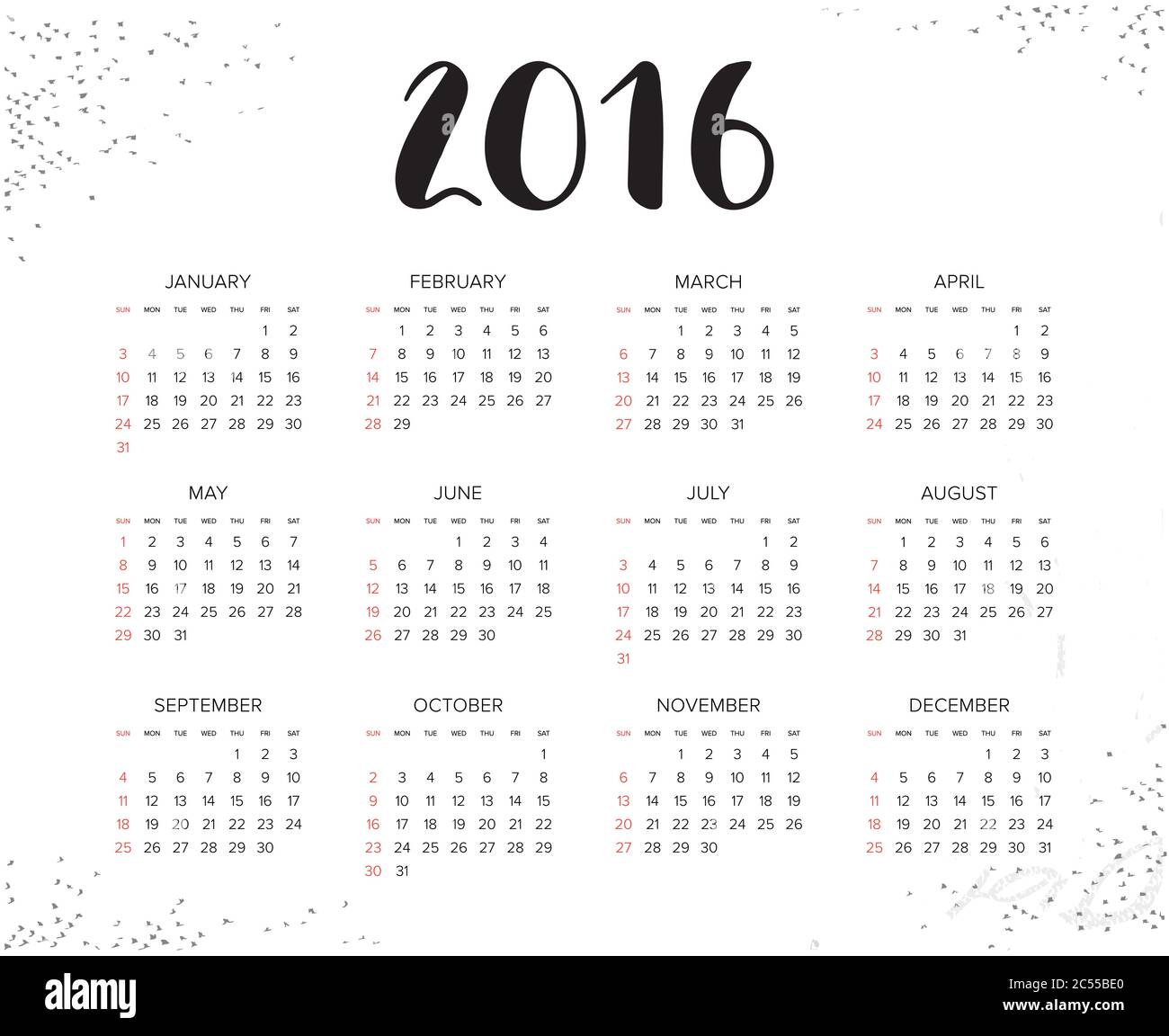 Calendario 2016. Riassunto. La settimana inizia da domenica. Illustrazione vettoriale. Stampa pronta Illustrazione Vettoriale