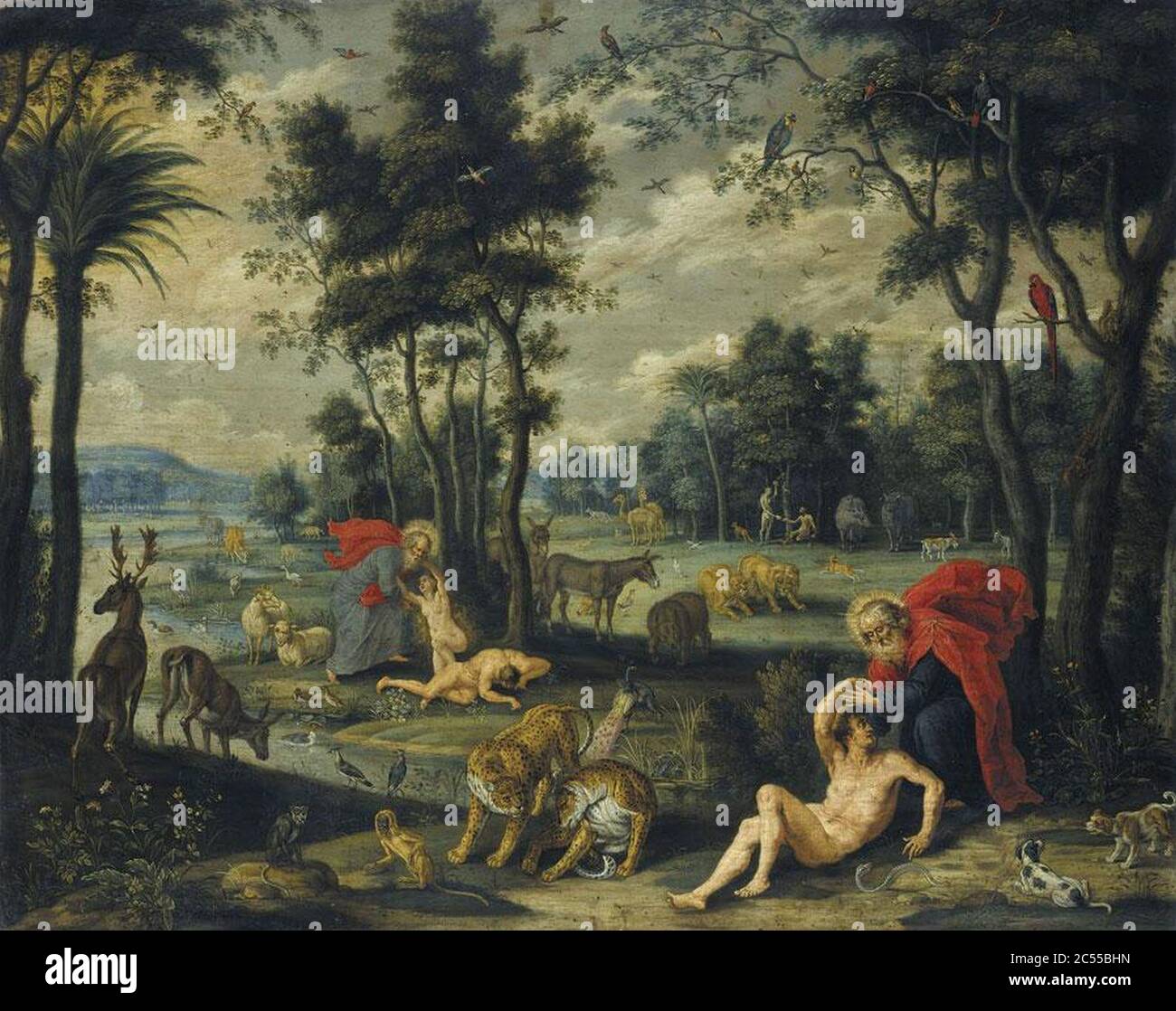 Isacco van Oosten - la creazione di Adamo ed Eva con la tentazione e il peccato originale sullo sfondo. Foto Stock