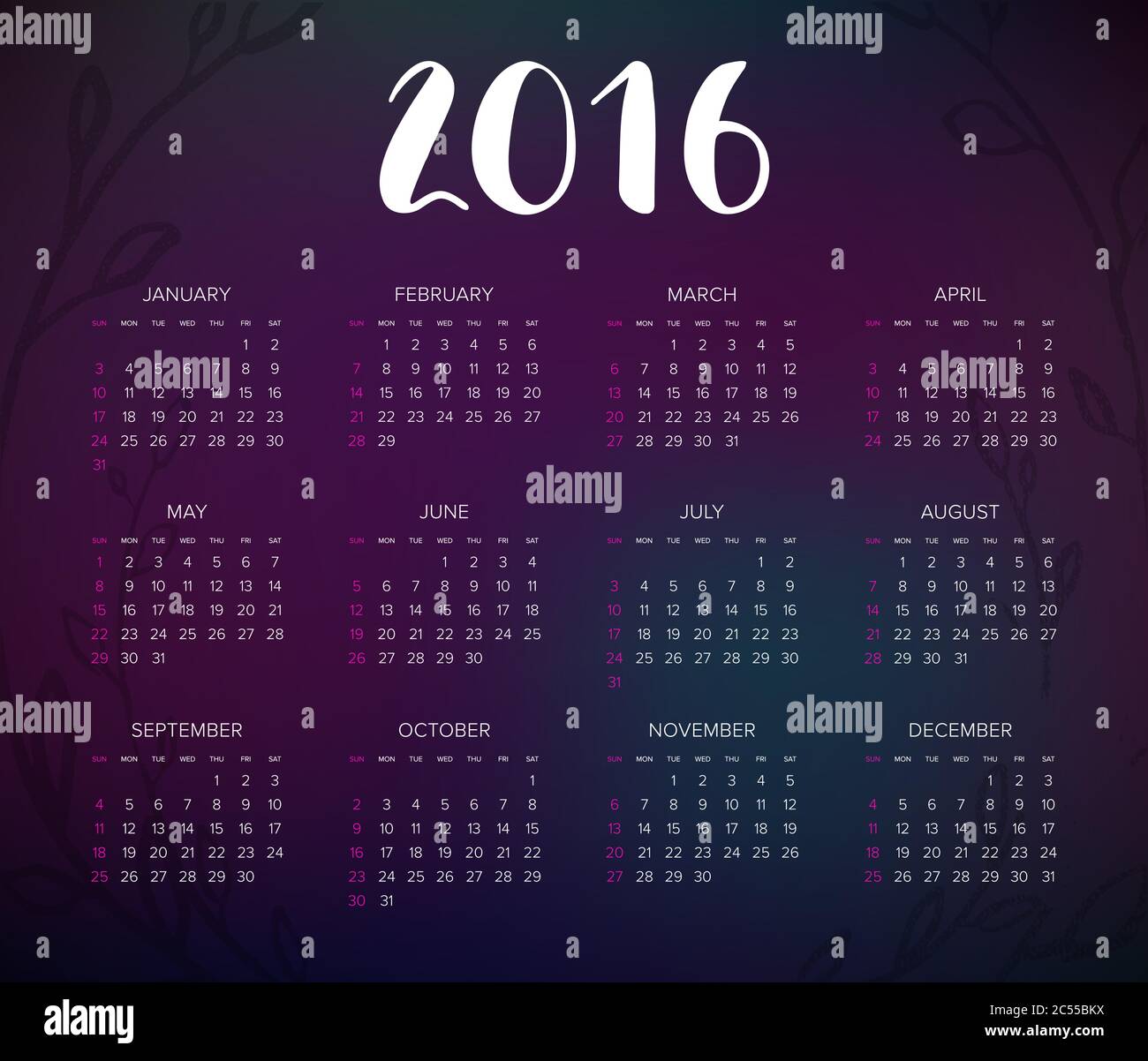 Calendario 2016. Riassunto. La settimana inizia da domenica. Illustrazione vettoriale. Stampa pronta Illustrazione Vettoriale