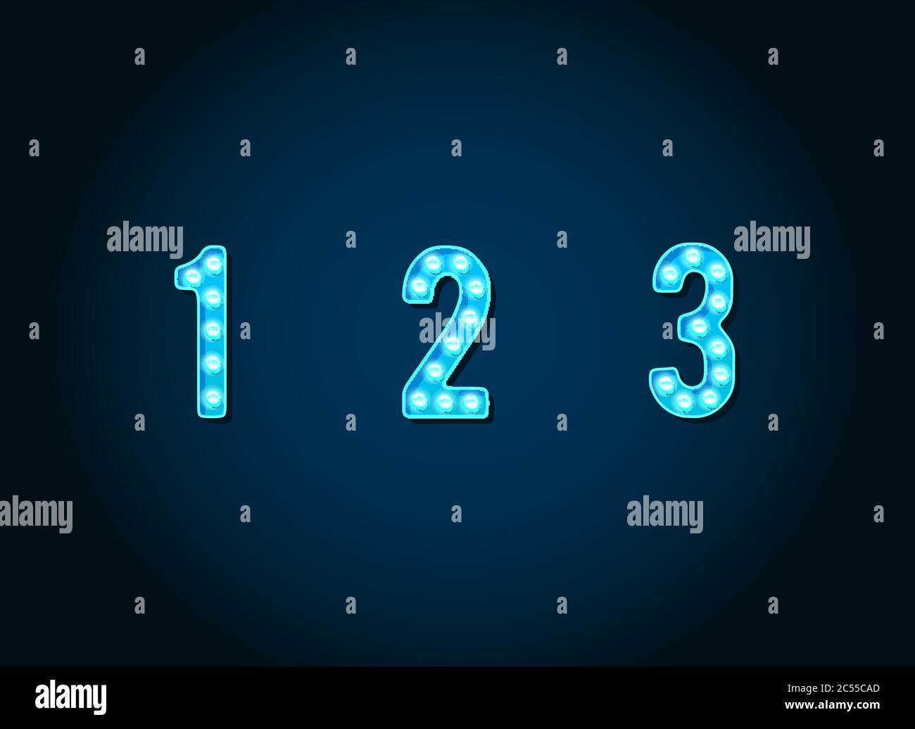 Casino o Broadway segni stile lampadina blu Alphabet lettera carattere in Vector Set Illustrazione Vettoriale