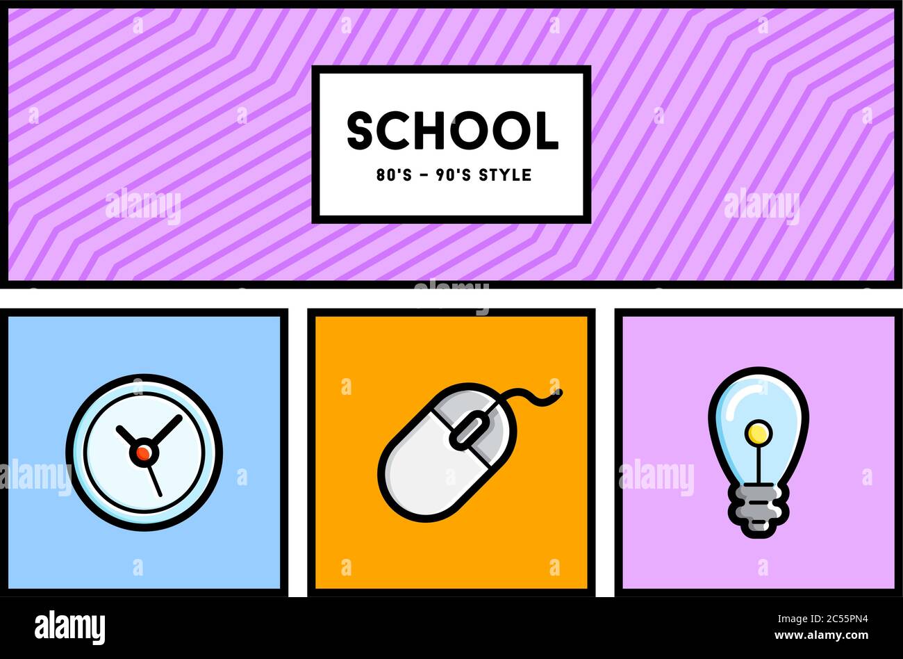 Set di icone di stile School Education di Vector anni 80 o 90 con colori retro Illustrazione Vettoriale