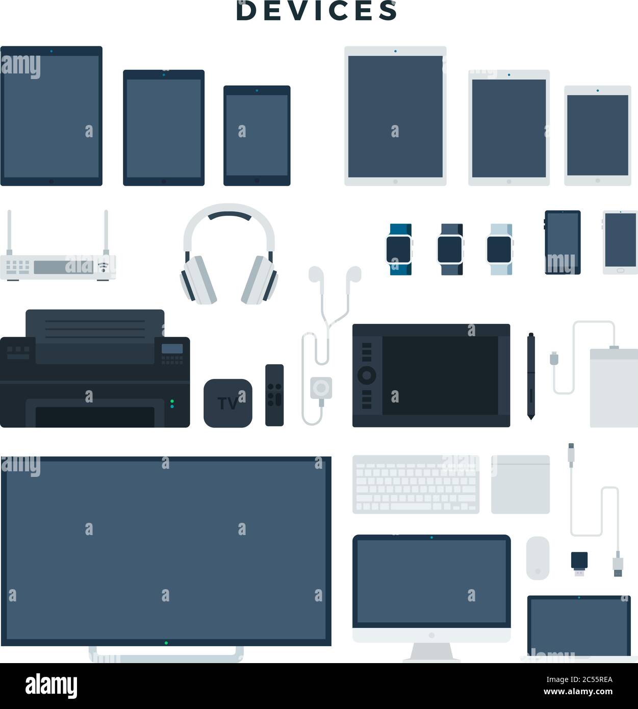 Dispositivi elettronici moderni, set. Gadget popolari per l'ufficio e l'uso domestico. Illustrazione vettoriale, isolata su sfondo bianco. Illustrazione Vettoriale
