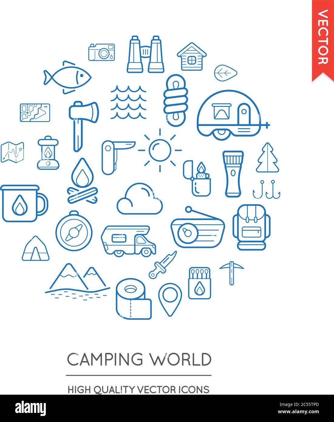 Set vettoriale di icone moderne piatte sottili del campeggio inscritte in forma rotonda Illustrazione Vettoriale