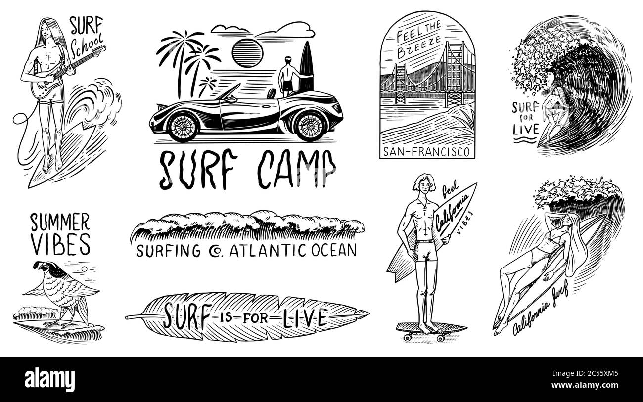 Badge Surf, logo Vintage Surfer. Onda retro e palmo. Estate California e San Francisco. Uomo sulla tavola da surf, spiaggia e mare. Ragazzo con una chitarra Illustrazione Vettoriale Badge Surf, logo Vintage Surfer. Onda retro e palmo. Estate California e San Francisco. Uomo sulla tavola da surf, spiaggia e mare. Ragazzo con una chitarra Illustrazione Vettoriale