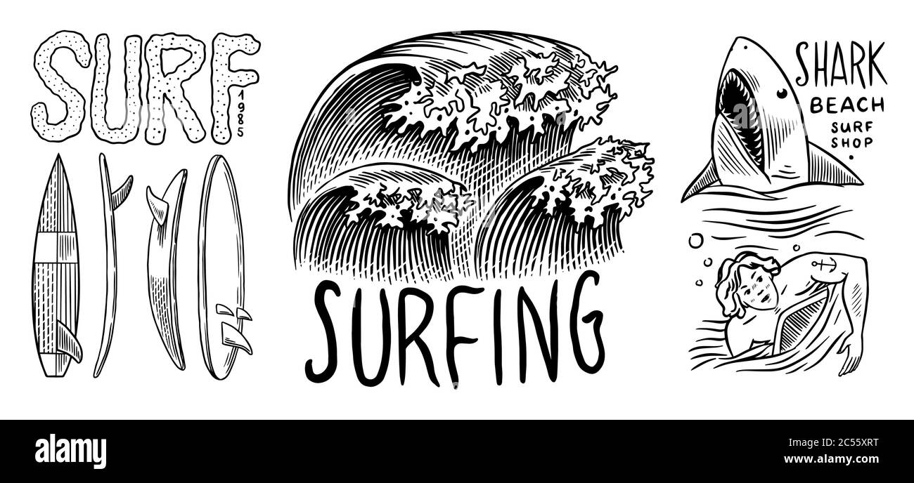 Badge surf. Onda retrospettiva. Logo Vintage Surfer. Etichette estive California. Uomo sulla tavola da surf, spiaggia e mare. Emblema inciso disegnato a mano. Banner o. Illustrazione Vettoriale