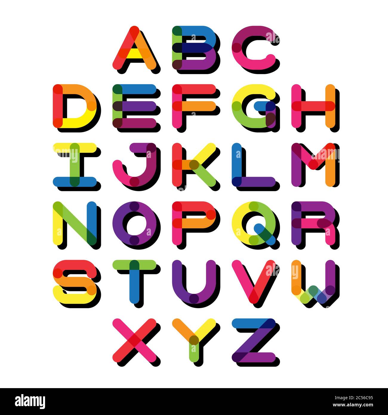 Carattere colorato e alfabeto. Lettere dell'alfabeto vettoriale. Foto Stock