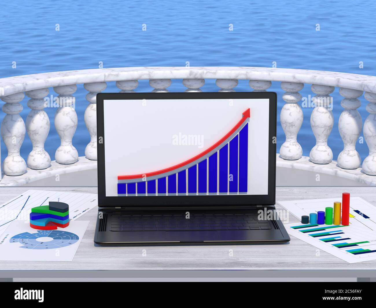 Su un tavolo vicino al mare è un portatile con una tabella di statistiche in crescita. Accanto ad esso sono presenti layout grafici 3d e fogli statistici. Mercato azionario. Foto Stock