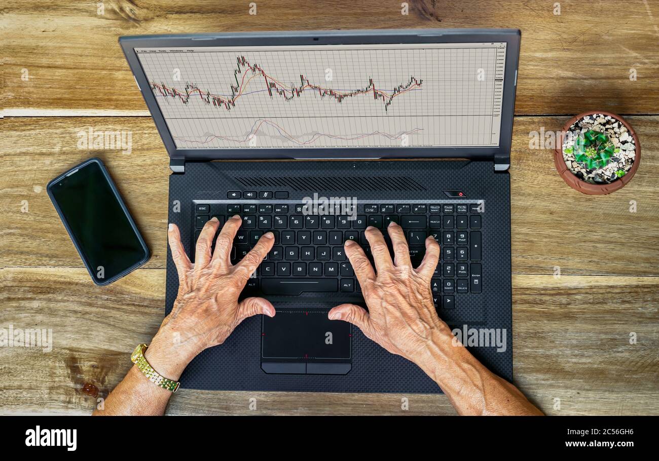 Le mani rughe di donna anziana che scrive su un laptop che lavora con le tabelle del mercato azionario Foto Stock