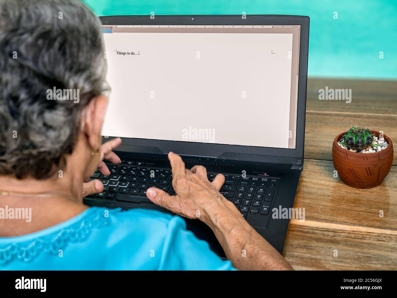 Donna anziana che scrive su un portatile cose da fare Foto Stock